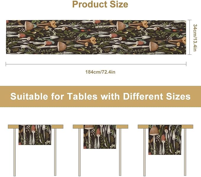 Mushroom Table Runner,Retro Forest Wildflower Botanical Plants Flower Art Pattern Print Burlap Hotel Indoors Outdoor Dining Room Kitchen Holiday Party, 13x90in