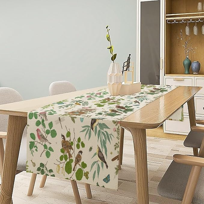 Vintage Bird Flower Table Runner Seasonal Spring Summer Garden Plants Farmhouse Country Kitchen Dining Table Decoration for Home Party Holiday 13"x120"