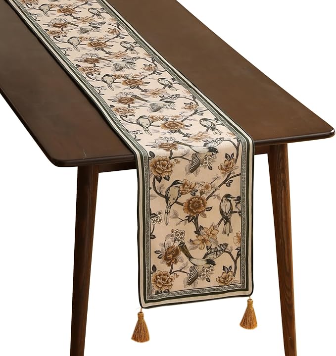 ISAENNE Designer Vintage Beige Linen Table Runner 118 Inches Extra Long,Elegant Floral and Bird Pattern Decor Table Runners for Dining Tables,Thanksgiving,Christmas,Banquet,Party,12"*118"-Murad A