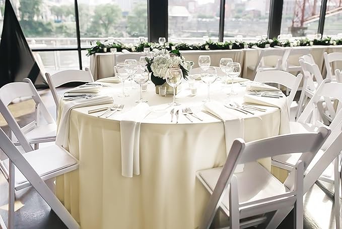 12 Pack 120 Inch Round Tablecloth, Beige Polyester Fabric Table Cloth for Round Table, Washable Tablecover for Wedding Party Dining Buffet Banquet Restaurant and Camping