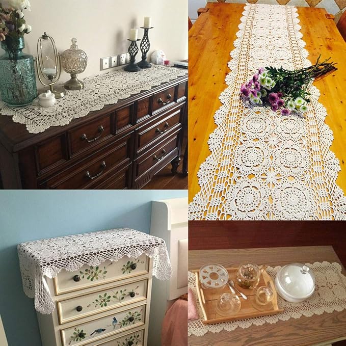 KEPSWET Cotton Handmade Crochet Lace Table Runner White Rectangle Coffee Table Dresser Decor (14x48 inch)