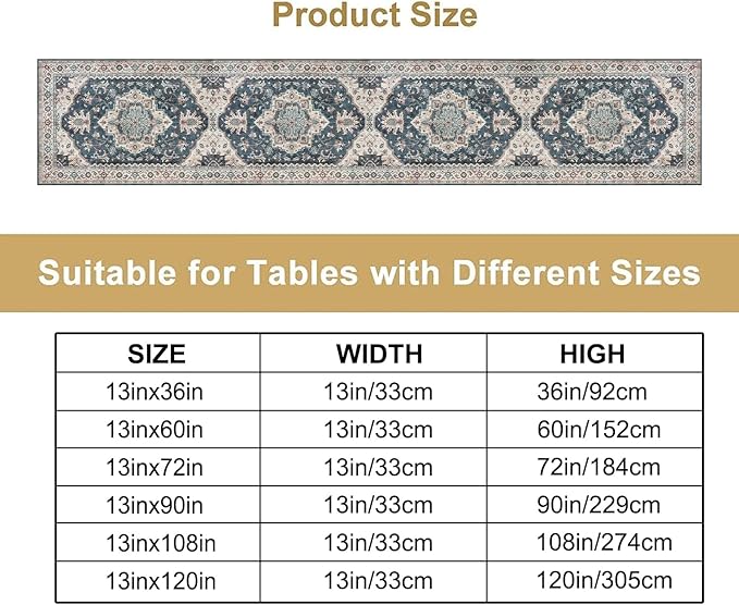 Boho Bohemia Style Table Runner, Vintage Blue Retro Flower Rustic Country Style Floral Print Pattern for Home Kitchen Table Decor Dining Coffee Room Garden Party Decor 13x120in