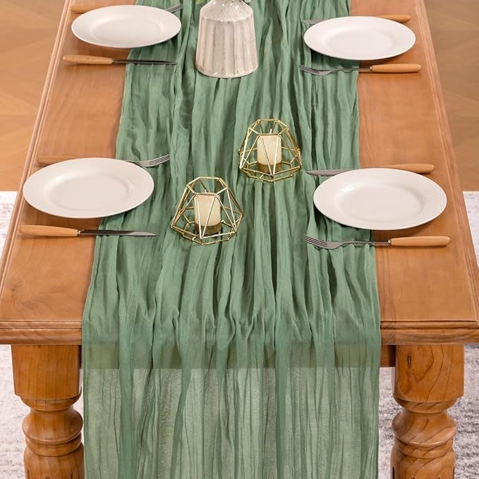 MLMW 2 Pack Sage Green Table Runner Cheesecloth Boho Gauze Rustic Cheese Cloth Table Runner 160 inch Sheer 13.3ft for Wedding Party Baby Bridal Shower Birthday