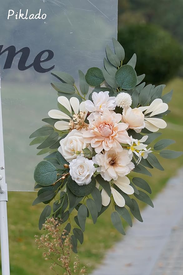 Faux Flower Swag Set of 2 for Wedding Welcome Signs Floral Swag Wedding Reception Ceremony Signs Decor (Champagne & Cream)