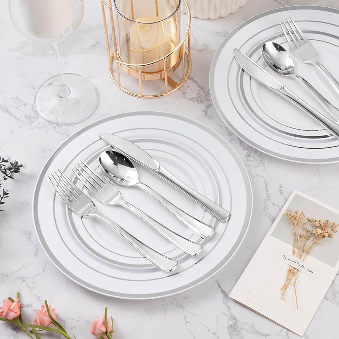 600PCS Silver Plastic Plate Set (100 Guests), Disposable Plates for Party Wedding Birthday, Dinnerware Set of 200 Plastic Plates, 200 Forks, 100 Spoons, 100 Knives for Christmas