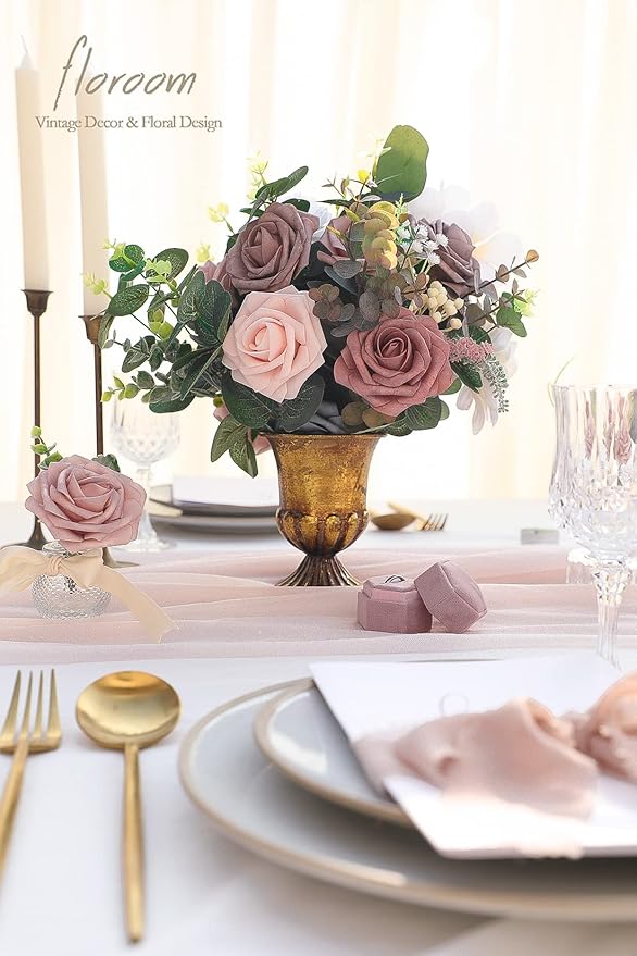 Floroom Artificial Flowers 25pcs Real Looking Dusty Rose Ombre Colors Foam Fake Roses with Stems for DIY Wedding Bouquets Bridal Shower Centerpieces Floral Arrangements Party Tables Home Decorations