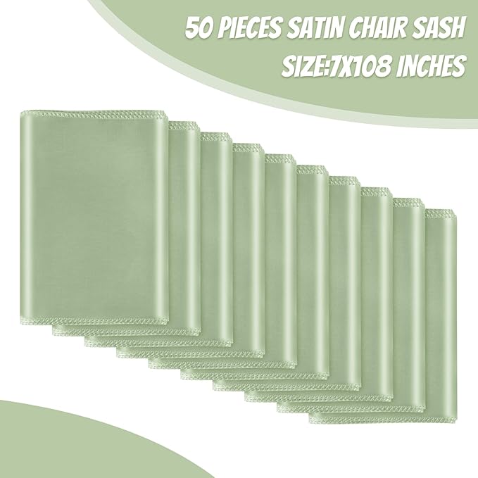 50 PCS Sage Green Satin Chair Sashes Bows Universal Chair Ribbon Ties Back Sash for Wedding Party Reception Events Banquets Hotel Event Chair Cover Decoration (7x108 inch)