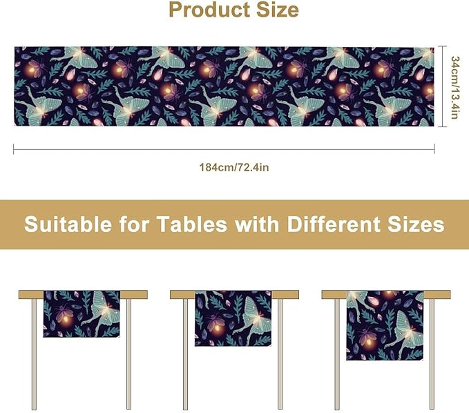 Moth Table Runner, Retro Boho Aesthetic Blue Moth Magic Table Runner for Home Kitchen Dining Party Indoor Outdoor Decoration 13x108 Inch
