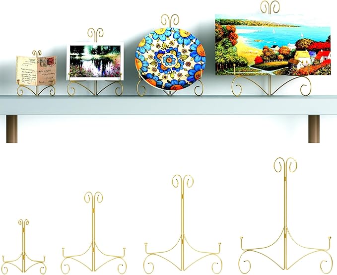 Plate Stand for Display with Hinged Folding Design, 6 Inch Picture Stands for Tables, Small Easels for Displaying Book, Art Piece, Photo and Platter, 6’’ Gold, 2-Pack