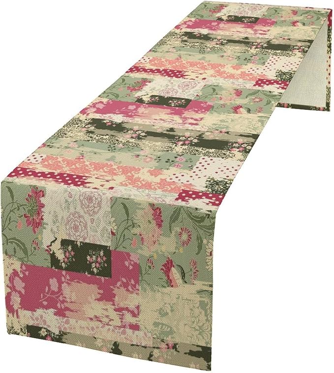 Patchwork Flower Table Runner,Abstract Colorful Floral Retro Style Hand Drawn Tablecloth Burlap for Hotel Indoors Outdoor Dining Room Kitchen Home Decor,W13X L70 in