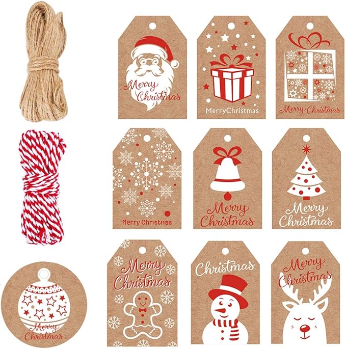 100 Pack Brown Kraft Paper Christmas Gift Tags， Xmas Brown Kraft Gift Tags with Jute Twine Baker Twine for DIY Xmas Holiday Present Wrap Stamp and Label Package Name Card