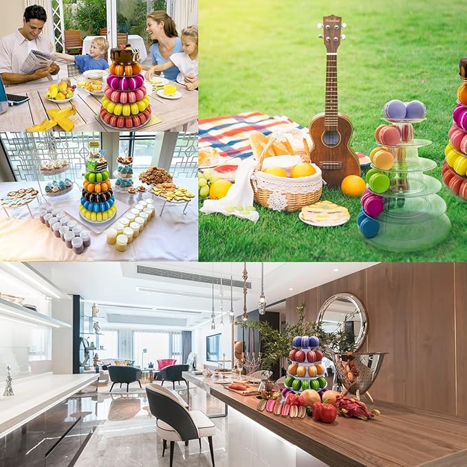 6 Tiers Macaroon Tower Stand with 8'' Silicone Tongs, Round Macaron Tower Cake Display Rack Plastic Cupcake Stand Macarons Desserts Serving Tray for Birthday Wedding Party Decor (6 Tiers with Tongs)
