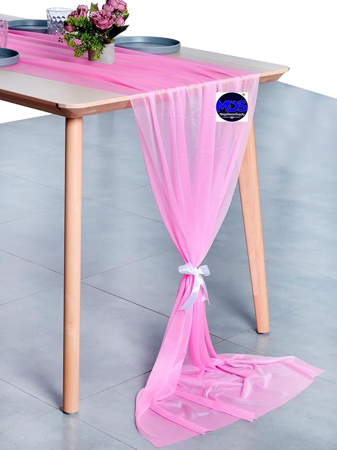 MDS 15 Pack 10ft Chiffon Table Runner 29 x 120 Inches Sheer Wedding Runner Romantic Rustic Table Runner for Wedding Decorations, Birthday Parties, Bridal Shower Party Arch Decor - Bubblegum Pink