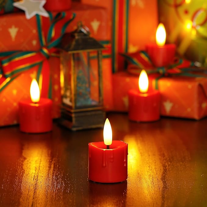 Rechargeable Flameless 1.6" x2.5" Tea Light Candles with Remote & Type-C Charging Cable, Timer LED Flickering Burgundy Plastic 6pcs Mini Dripping Wax Votive Tealight Candles