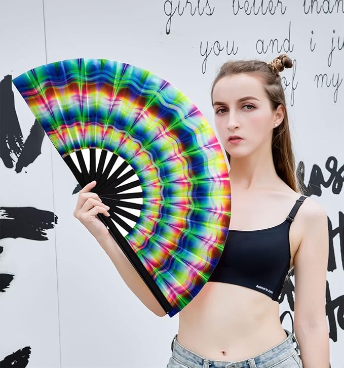 Amajiji Rave Folding Hand Fan Popping Fans for Line Dancing, Large Clacking Fans Clap Fan for Boots On The Ground Dance,Party,Decoration,Festival (Trippy)