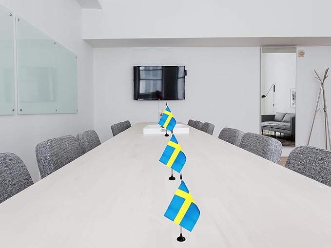 Sweden Desk Flag, 12 Pack Swedish Table Office Flag with Black Solid Pole and Stand Base, International Country Flag, Festival Celebration, Classroom Meeting Desktop Decor (Sweden)