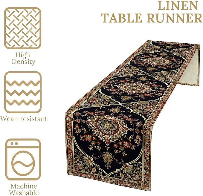 Vintage Boho Floral Table Runner, Rustic Country Farmhouse Black Bohemia Flower Pattern for Home Kitchen Table Decor Dining Cafe Room Wedding Party Decor 13x60in
