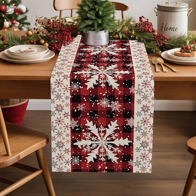 Buffalo Plaid Christmas Cotton Linen Table Runner for Dining Kitchen, Snowflake Red Black Check Wedding Outdoor Party Tablerunner Decoration, Retro Dresser Scarf Coffee Tablecloth Runners 13x36 Inches