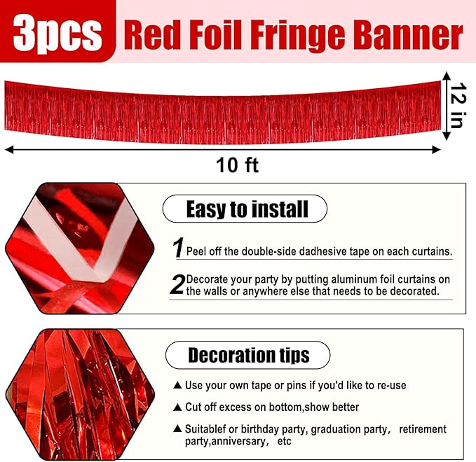 3 Pack 10 Long Red Metallic Foil Fringe Garland Wall Hanging Tassle Banner, Mother's Day, Easter, Parade Floats, Birthday, Theme Party, Wedding Party Decorations