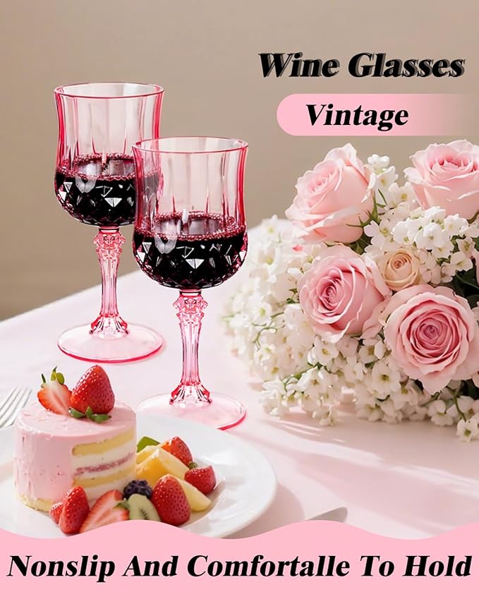 Ciaell 24PCS Pink Plastic Wine Glasses - 7 Oz Plastic Goblets for Party - Pink Vintage Drinking Glasses - Disposable Water Goblets Set for Wedding, Bar, Wine, Beer, Juice, Cocktail, Whiskey