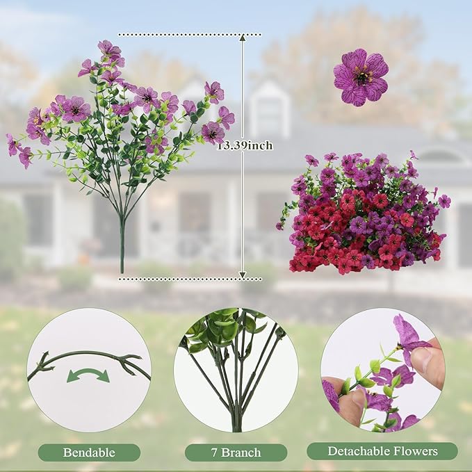 Artificial Flowers for Outdoors 12 Bundles, UV Resistant Colorful Fake Silk Flower Outdoor Planter Garden Decor Indoor Decorations