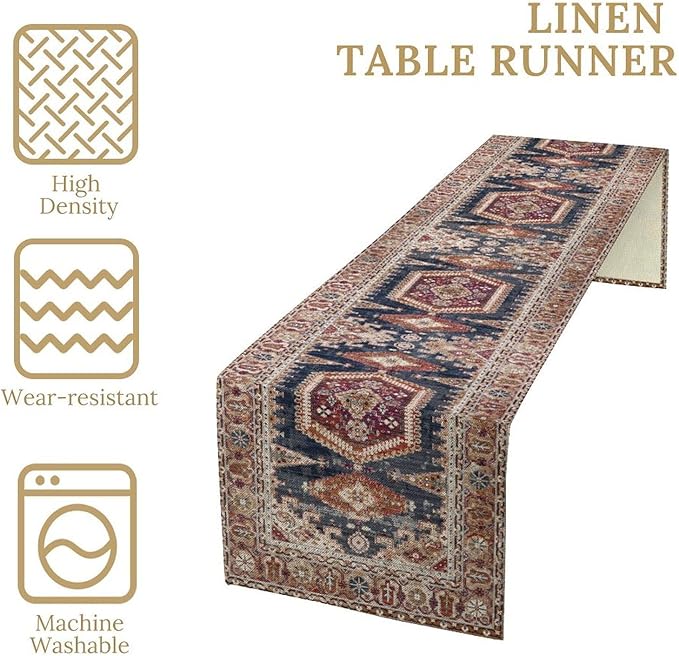 Vintage Boho Table Runner,Flower Geometric Design Rustic Farmhouse Table Runner for Home Farmhouse Kitchen Table Dining Coffee Room Garden Party Wedding Decor 13x90in
