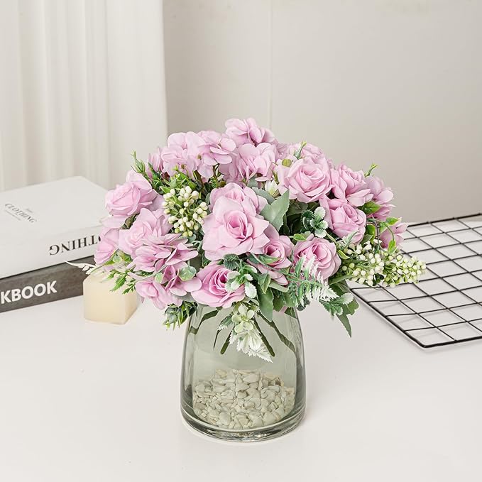 Artificial Flower 5 Branches Artificial Silk Fake Flowers Bouquet Small Roses for Wedding Home Office Tables Decor 4 Packs(Light Purple)