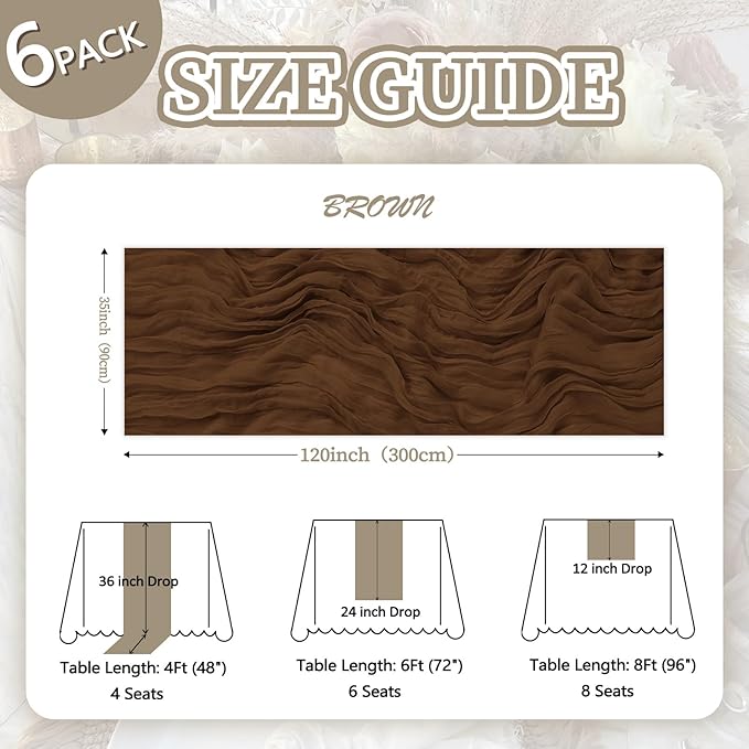 6 Pack Brown Cheesecloth Fall Table Runner 10ft Boho Gauze Fabric Cheese Cloth Table Runner 35 x 120 Inch Rustic Sheer Runner for Thanksgiving Wedding Decor Baby Shower Party Centerpiece Decoration