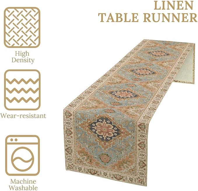 Vintage Boho Floral Table Runner, Rustic Country Farmhouse Grey Blue Orange Bohemia Flower Pattern for Home Kitchen Table Decor Dining Coffee Room Party Decor 13x36in