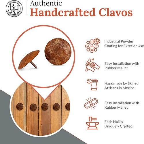 10 Pack 2" Round Head Iron Clavos Decorative Nails – Rusted – Handmade Rustic Round Fasteners for Farmhouse Shutters, Faux Wood Beams, Barn Doors, Shutters, Gates – Ornamental Wood Accent