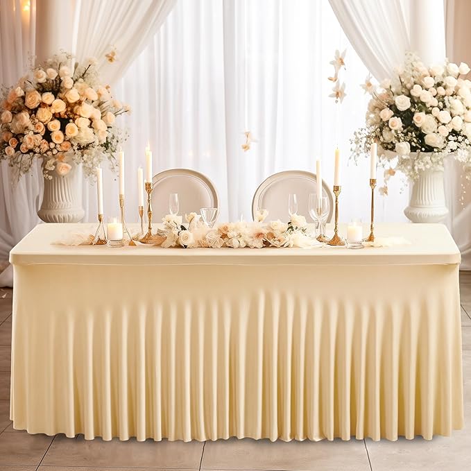 Wish Care 2 Pack Champagne Spandex Table Clothes for 8 Foot Rectangle Tables, 8FT Wrinkle Free Fitted Tablecloths Ruffles Design Table Cover for Party, Banquet, Wedding and Events