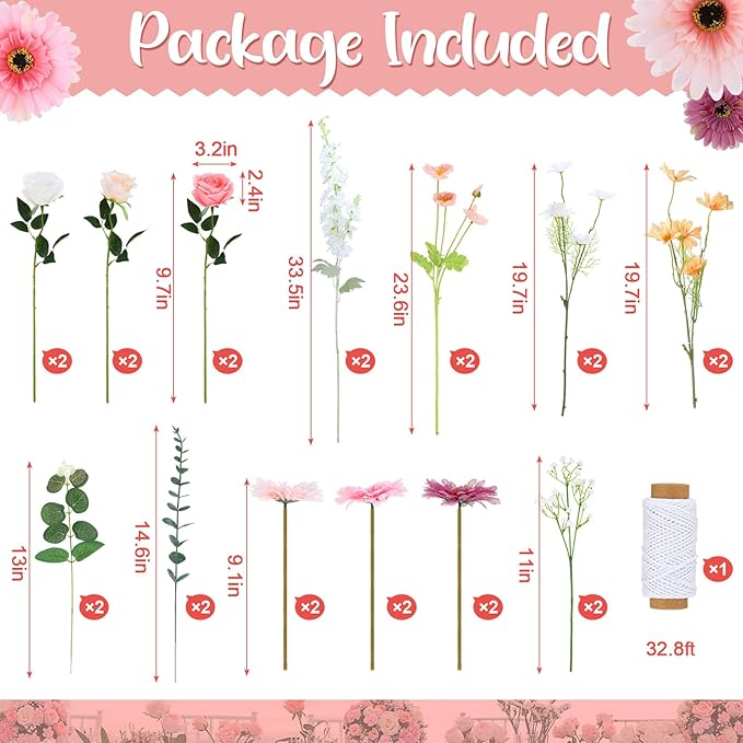 Hoteam 51 Pcs DIY Flower Garland Artificial Hanging Wildflower Backdrop Set Fake Rose Eucalyptus Daisy Poppy Wild Flower Decor for Wedding Party Birthday Home Garden (White,Champagne,Pink)