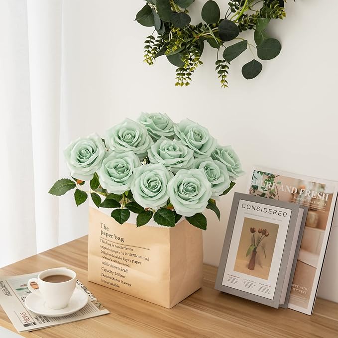Artificial Rose 10pcs Open Flower Bouquet Sage Green Faux Rose Stems for Wedding Arrangement, Bridal Bouquet, Centerpiece, Fake Faux Silk Flowers