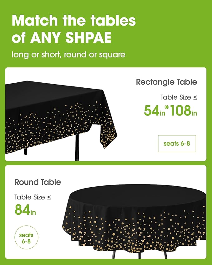 Pureegg Plastic Table Cloth Disposable 10 Pack, 54 x 108 Inch Table Cloths, Graduation Decorations Class of 2025, Graduation Tablecloths, Rectangle, Plastic Cover, Leakproof & Sturdy, Black and Gold