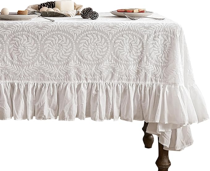 patdrea Vintage Ruffle Tablecloth for Rectangle Tables,Farmhouse Embroidered Cotton White Lace Table Cloth Cover Decor for Dining Room Wedding Banquet Thanksgiving Christmas,67"*106"