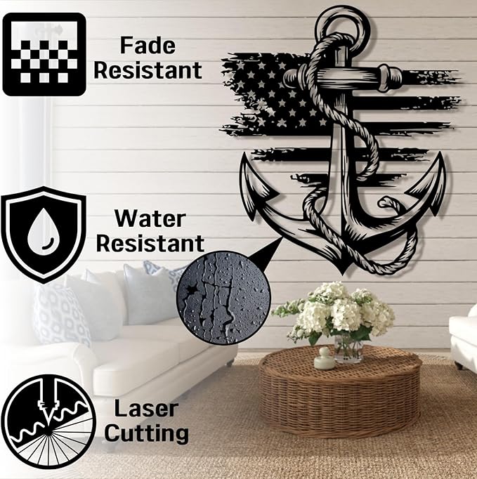 lunwall Metal Anchor Wall Decor, Anchor Metal Sign, Metal Anchor Decor, Anchor Metal Wall Art, Metal Nautical Wall Decor, Metal Wall Decor Coastal, Anchor Wall Decor (silver, 30L x 27W / 76 x 69 cm)