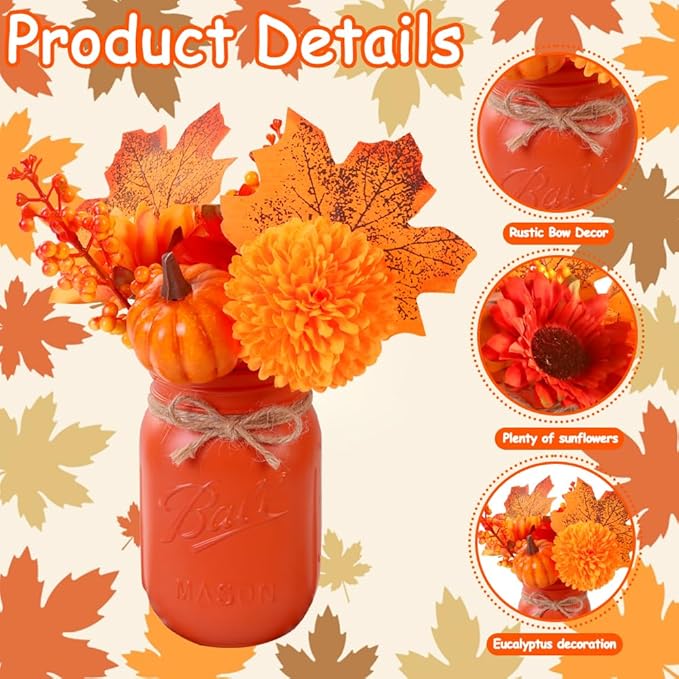 DIYDEC 3PCS Fall Mason Jars 3 * 5Inch Lighting Painted Thanksgiving Tiered Tray Decorative Jars with Wood Tray &Artificial Flowers Wishing Bottles for Autumn Holiday Home Table Centerpiece Decor Gift