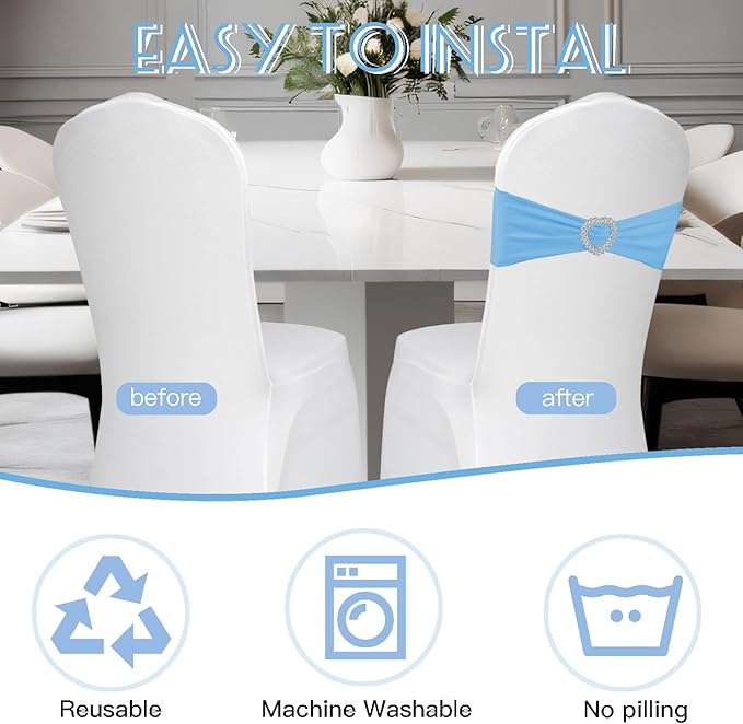 100 Pack Spandex Stretch Blue Chair Sashes Bows Universal Elastic Light Blue Chair Cover Bands Ties with Buckle Slider for Wedding Party Banquet Ceremony Reception Event Decorations