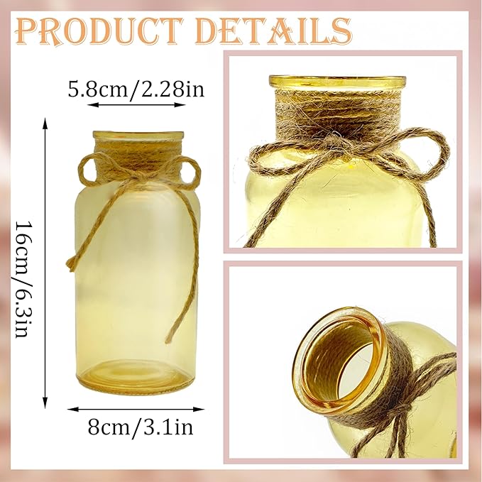 Vintage Glass Flower Vase，12 Pack Gold Amber Farmhouse Glass Centerpiece Vases Mason Jars for Weddings, Parties & Home Decor Bulk (12, Gold)
