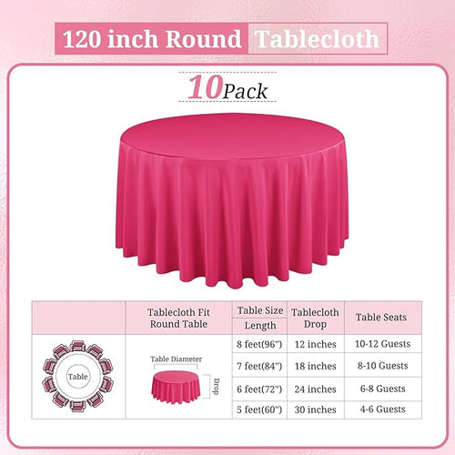 10 Pack Hot Pink Round Tablecloths 120 Inch, Circle Bulk Washable Linen Polyester Tablecloth, Table Cloth Cover for Wedding Buffet Party Banquet Reception Restaurant and Camping