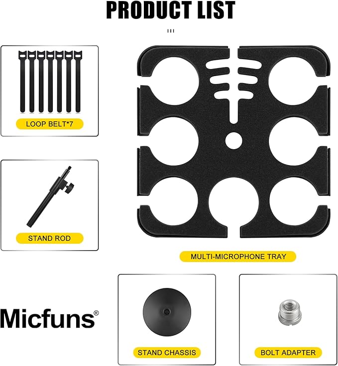 Multi Microphone Holder, Wired and Wireless Mic Holder for Stand, Hold Up to 7 Microphones, Aluminum, Black with stand