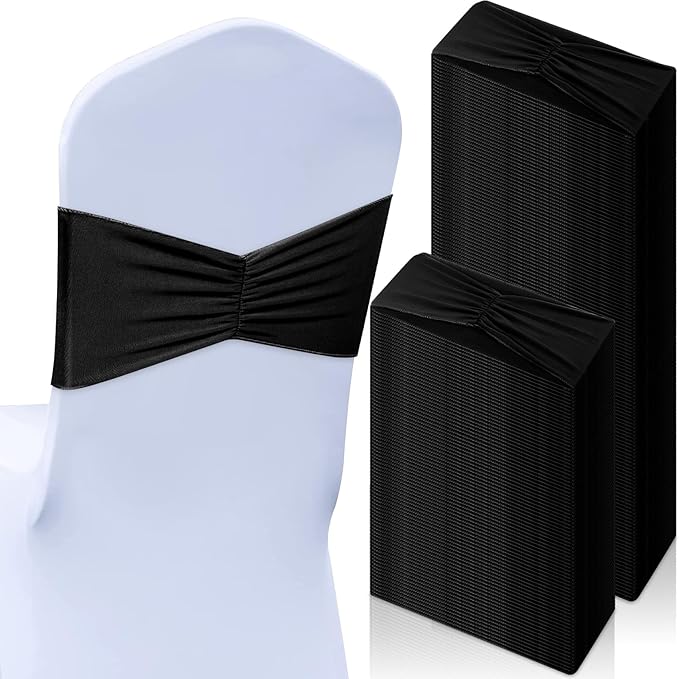 Moukeren 100 Pcs Spandex Chair Sashes Bows Bands Slider Sashes for Chair Covers Elastic Bands Ties Ribbon Decorations for Wedding Party Events Ceremony Birthday Banquet(Black)