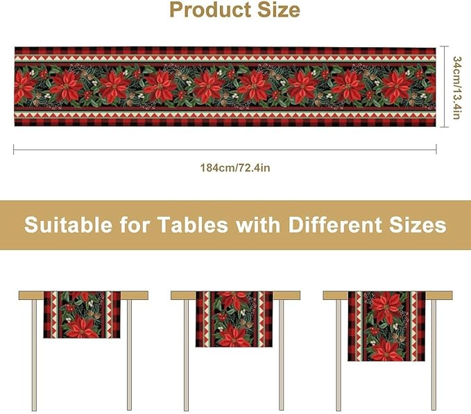 Christmas Table Runner,Seasonal Winter Xmas Holiday Plaid Table Cloth Kitchen Dining Table Decoration for Home Party Decor 13x70 Inch