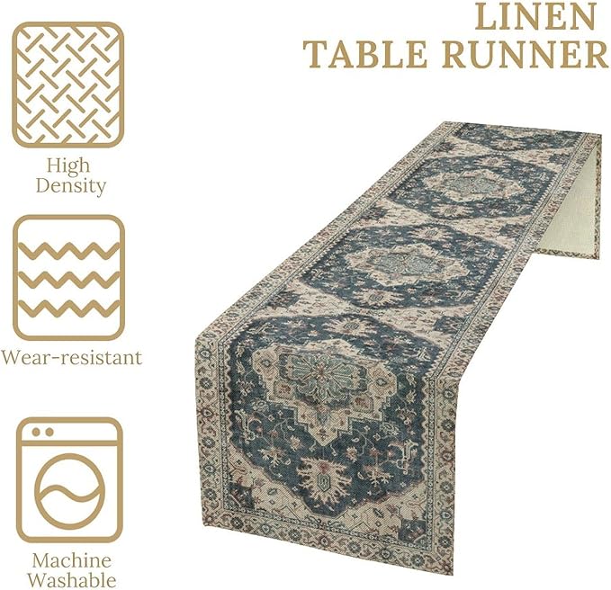 Boho Bohemia Style Table Runner, Vintage Blue Retro Flower Rustic Country Style Floral Print Pattern for Home Kitchen Table Decor Dining Coffee Room Garden Party Decor 13x60in
