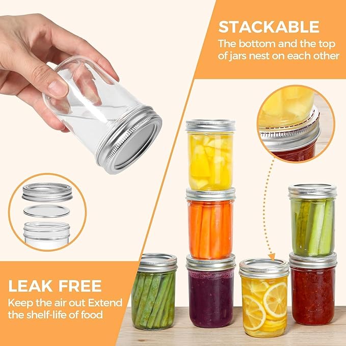 ComSaf Small Mason Jars 8 oz, 24Pcs Regular Mouth Canning Jars, 8 ounce Glass Jar with Lid for Jams, Sauces, Jellies, Spices, Self-Made Gift, DIY Candles Decor, Wedding & Baby Shower Favors