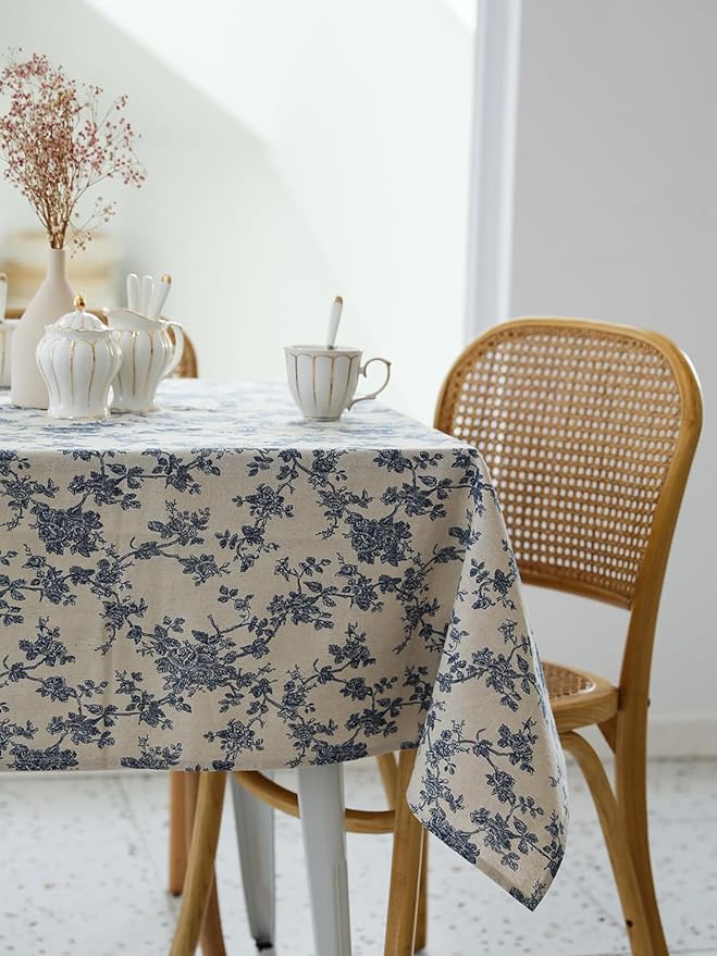 Pastoral Square Tablecloth - 60 x 60 Inch - Beige Linen Table Cloth - Washable Table Cover with Dust-Proof Wrinkle Resistant for Restaurant, Picnic, Indoor and Outdoor Dining, Floral (Dark Blue)
