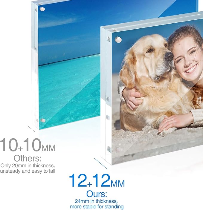 TWING Picture Frame, 8x10 Acrylic Photo Frames Horizontal Magnet Double Sided Photo Frame with Microfiber Cloth,12 + 12MM Thickness Clear Picture Frame Desktop Display