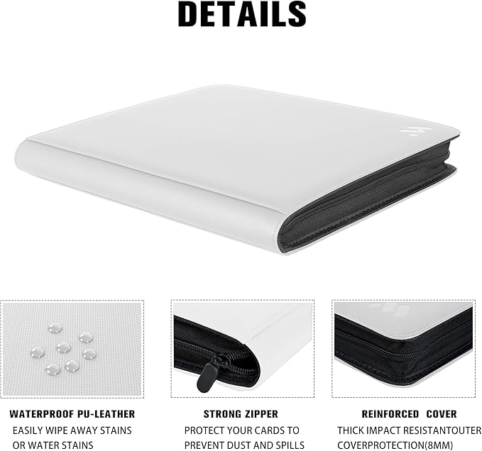 Premium 1000+ Pockets Card Binder,16 Pockets Card Binder Ringless Side Loading Trading Card Album Folder for TCG -White
