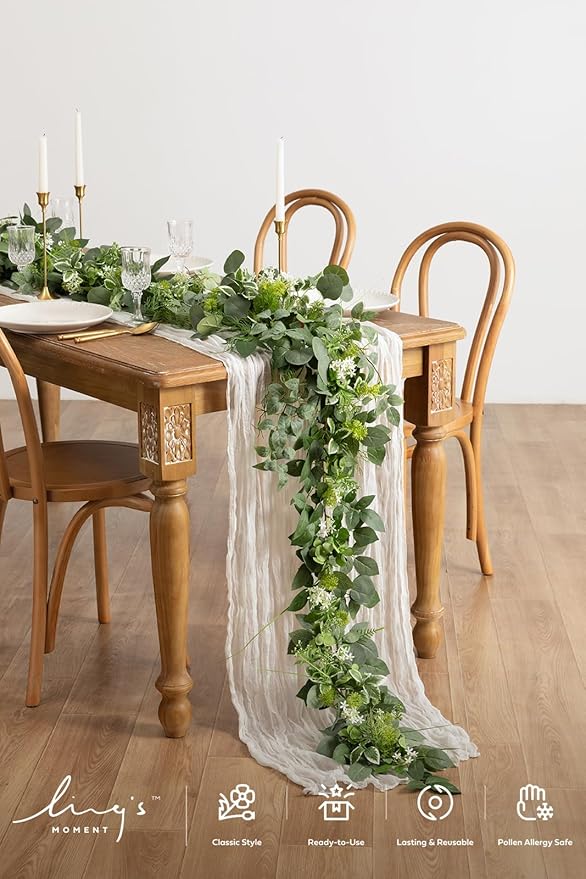 Ling's Moment Flower Garland - 6FT Eucalyptus & Rose - Sweetheart Table Decor for Wedding Reception, Artificial Floral Garland for Mantle, Spring Garden Ceremony, Christmas Decoration, Ivory White