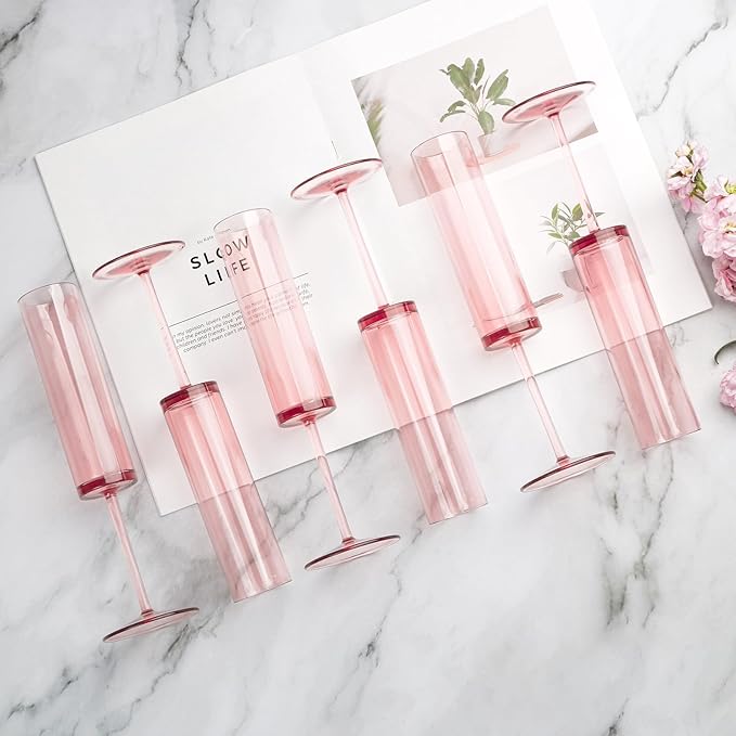 50 PCS Pink Champagne Flutes Plastic 5.4 OZ Clear Acrylic Champagne Flutes Sparkling Wine Glasses Wedding Table Decorations Reusable For Valentines Toasting Engagement Party Supplies (Pink, 50 Pack)